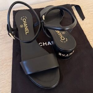 CHANEL Black Leather Logo Block Heel, size 38.5